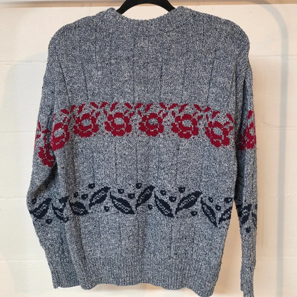 Vintage Cable Knit Fair Isle Sweater Blue Red Floral Navy‎ Leaf Pattern Unisex M